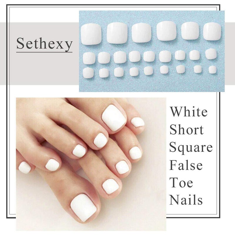 Sethexy Solid Color Glossy False Toe Nails Bright Fashion Square Short Full Cover 24PCS Fake ToeNails for Women and Girls(White) - Image 3